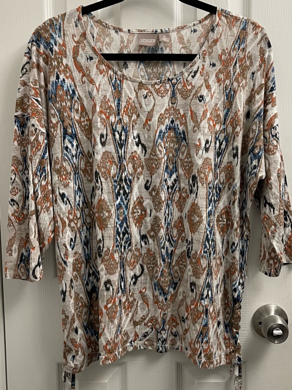 Chico's Scoop-Neck Top with Beige and Navy Ikat Print
